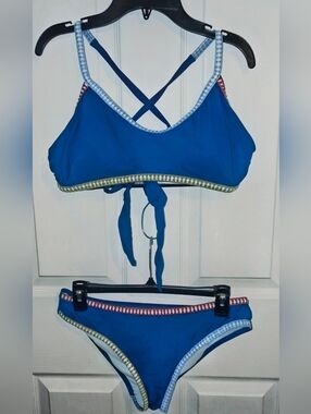 Dark Teal With Multi Color Embroidered Trim Bikini SIZE M